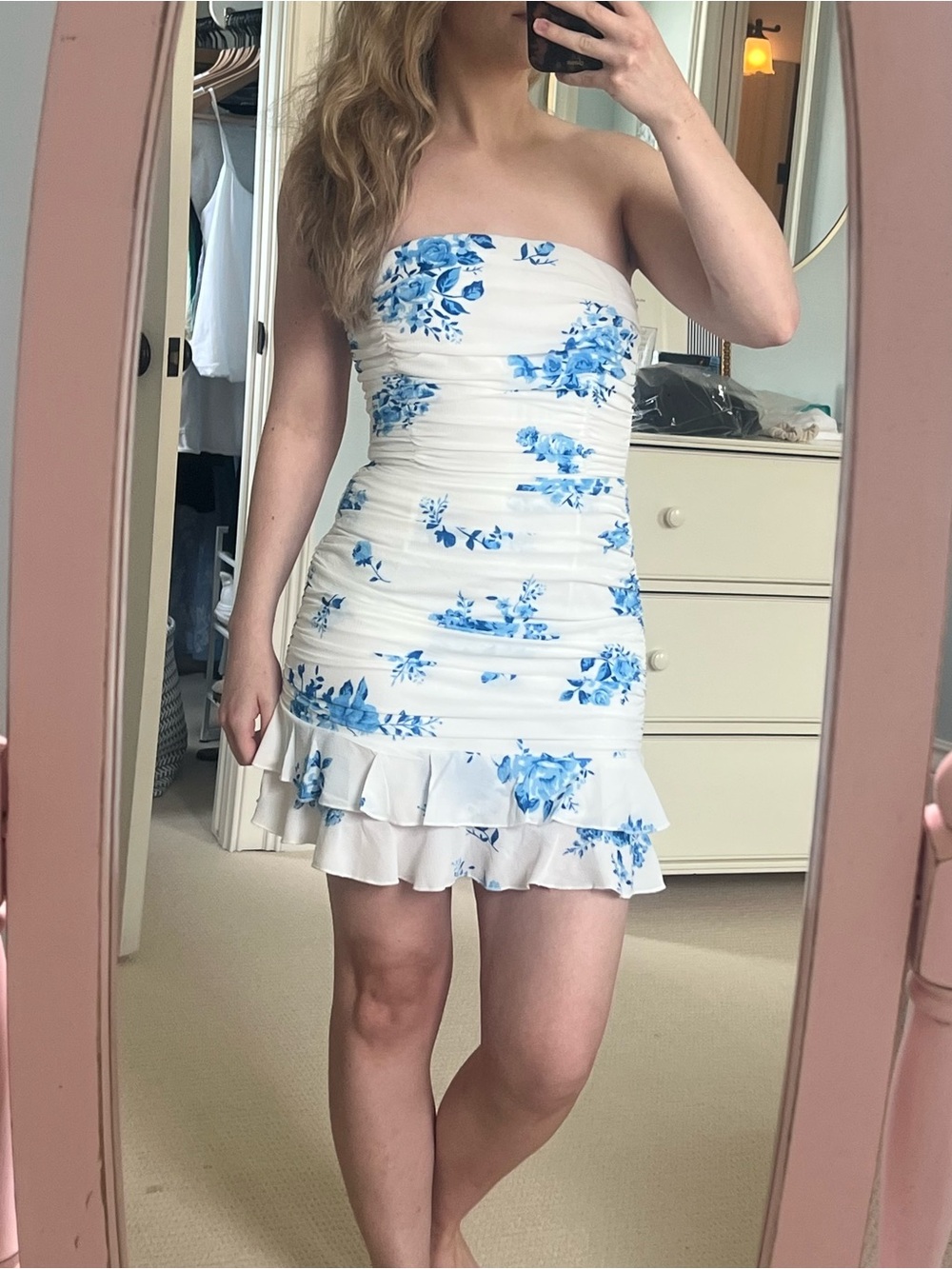 Lucy in the Sky White Strapless Mini Dress with Blue Floral Print